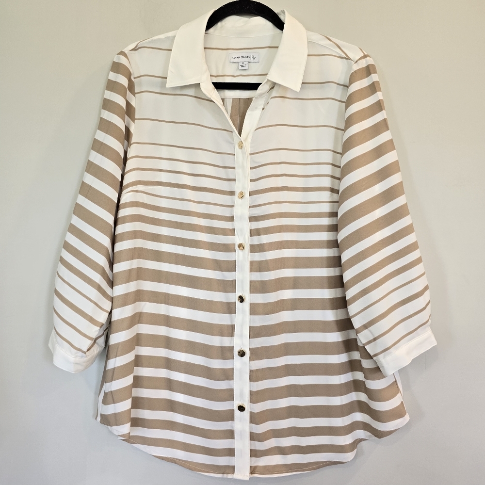 SUSAN GRAVER  Women M Shirt Button Up Blouse Long Sleeve Beige/White Stripes.D02